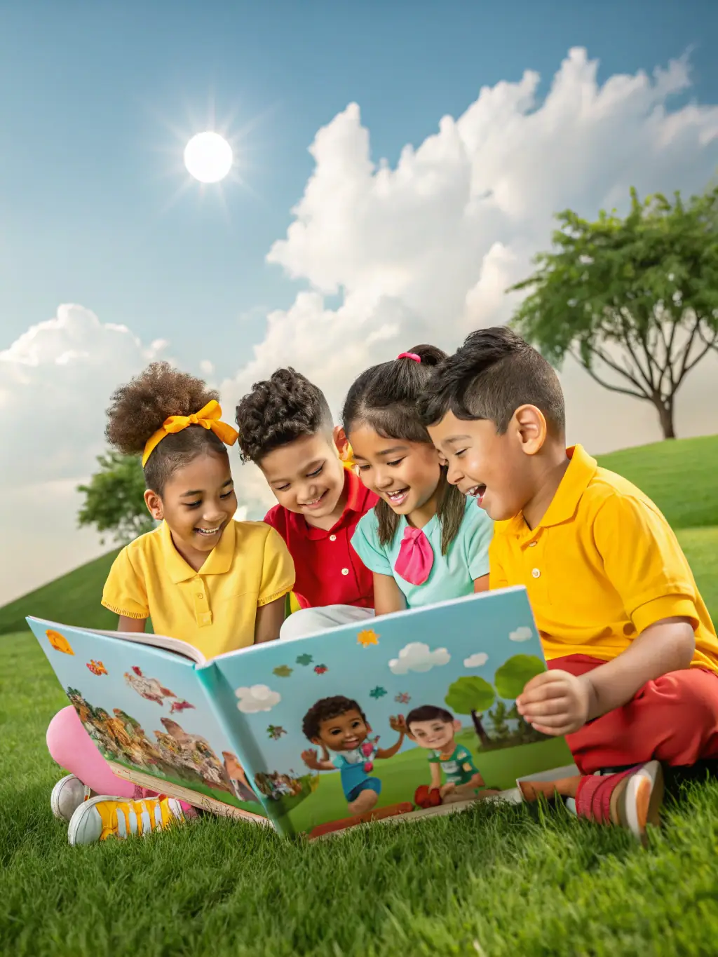 A vibrant photo of children participating in a COMMISSION FAMILLE summer camp activity, focusing on teamwork and outdoor fun.