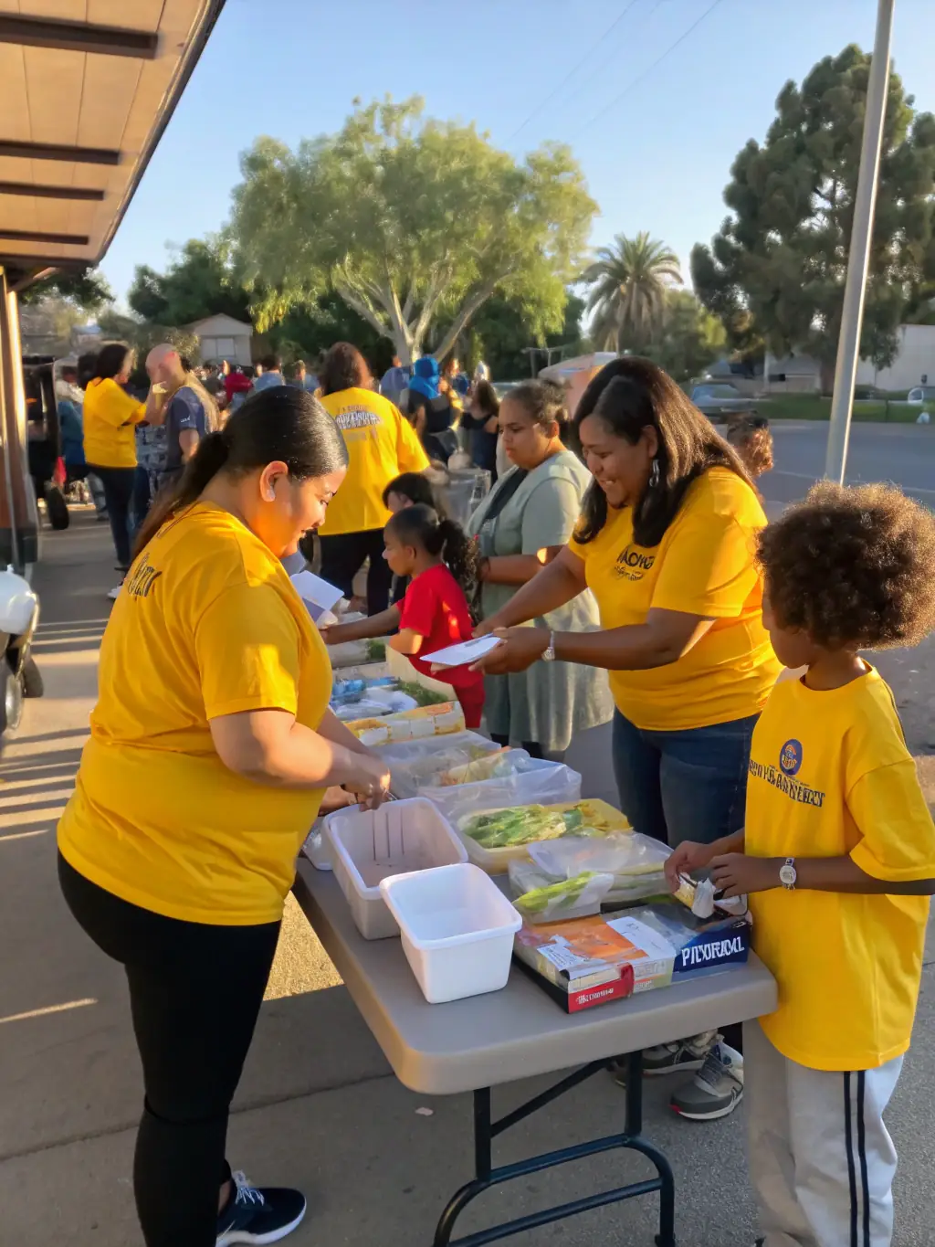 Volunteers assisting at a community event, handing out food and providing support to attendees, highlighting the community spirit fostered by Commission Famille's initiatives.