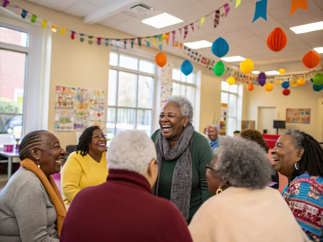 A photograph capturing a group of children and seniors participating in an intergenerational storytelling session at the local community center, showcasing the warmth and connection between different age groups.