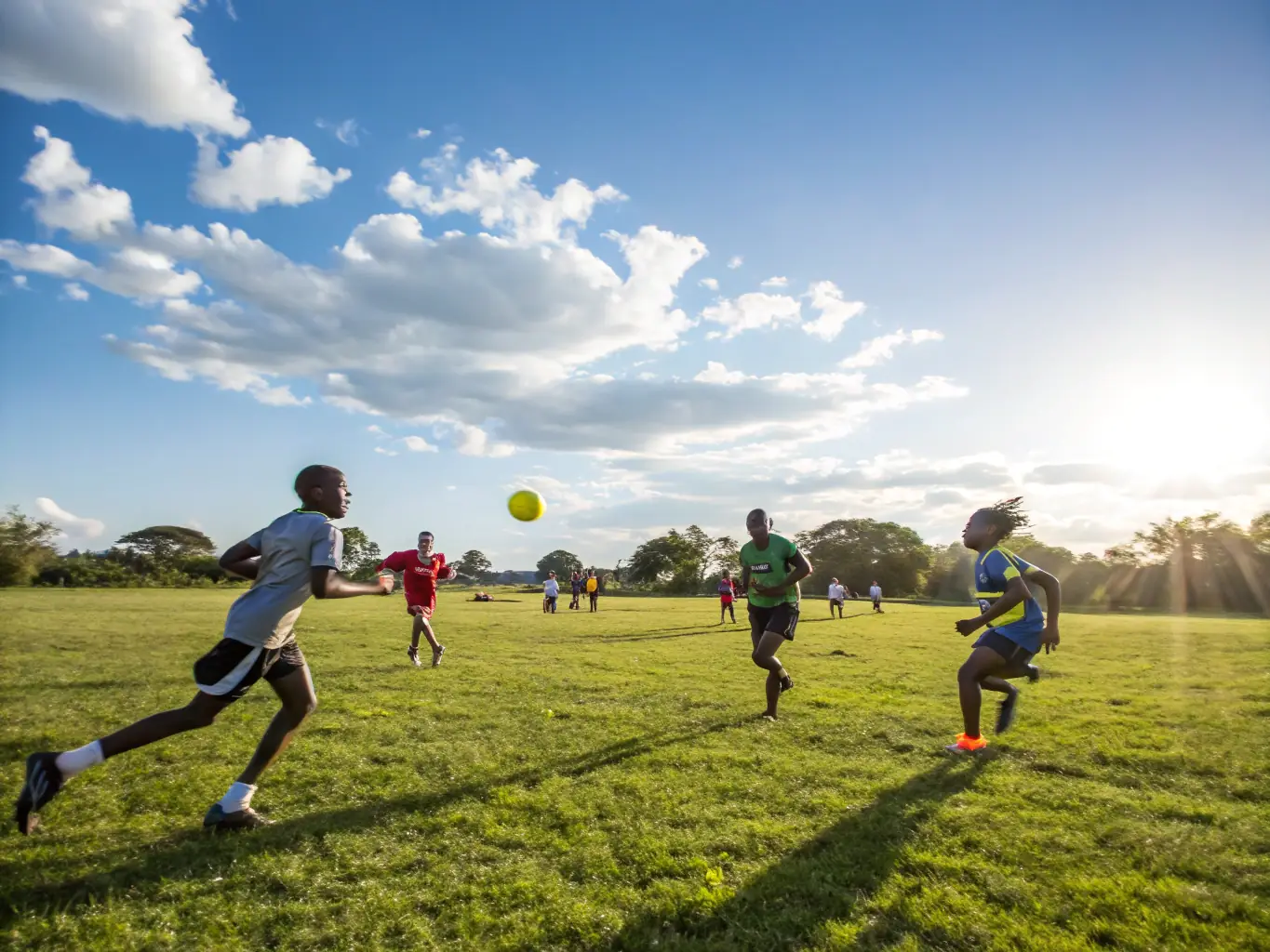 A dynamic shot of participants engaged in a sports tournament organized by COMMISSION FAMILLE, highlighting the energy, teamwork, and competitive spirit of the event.