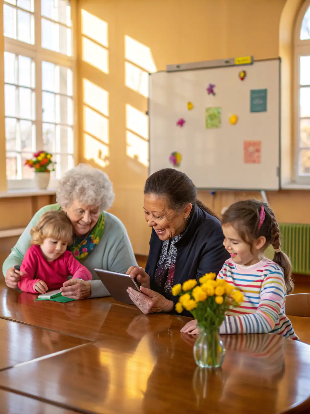 A group of seniors participating in a COMMISSION FAMILLE-organized intergenerational workshop, learning new technology skills from younger volunteers.