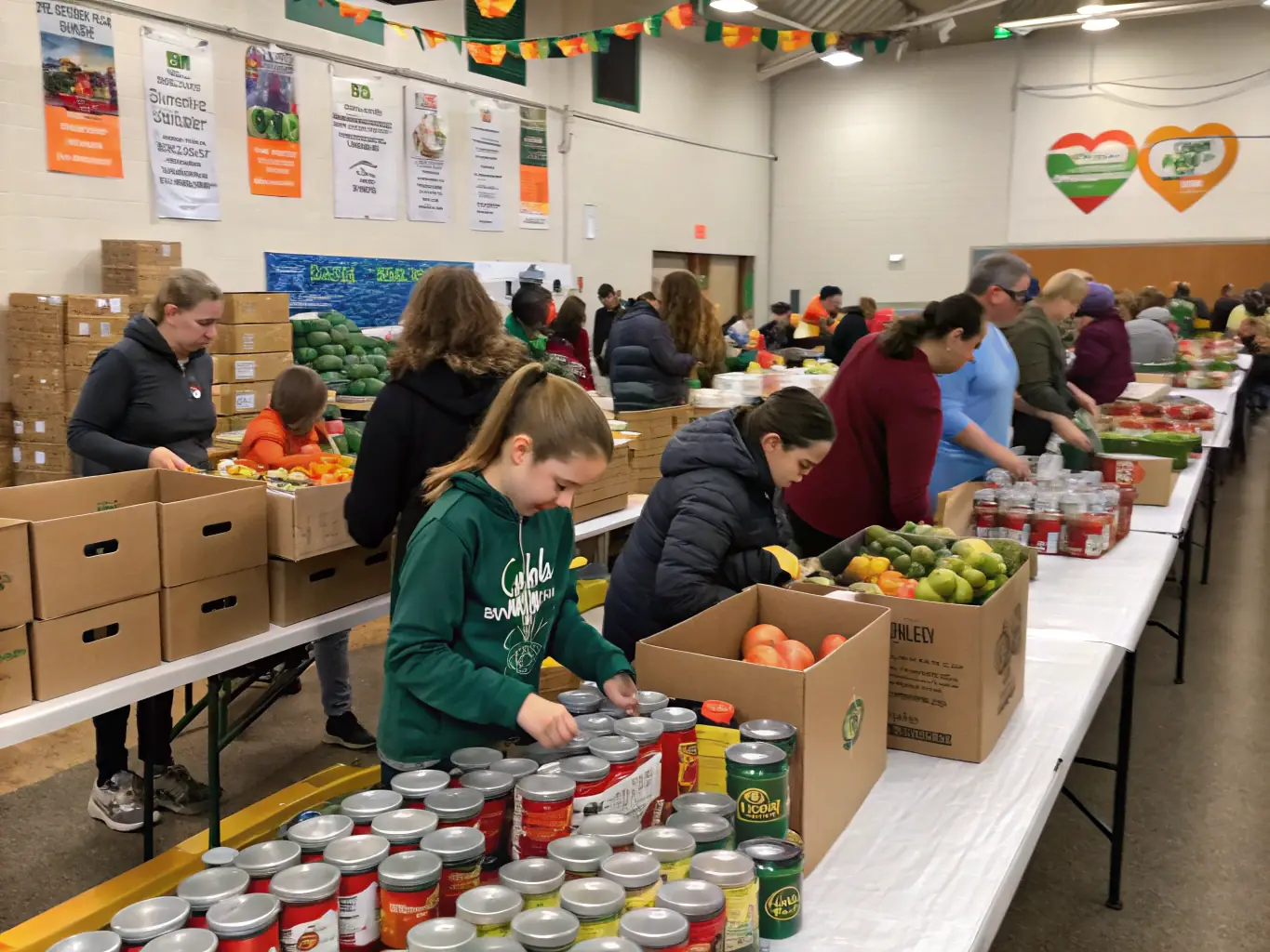 An image depicting volunteers assisting with the setup of a local food drive, showcasing the collaborative effort and community support involved in addressing food insecurity.