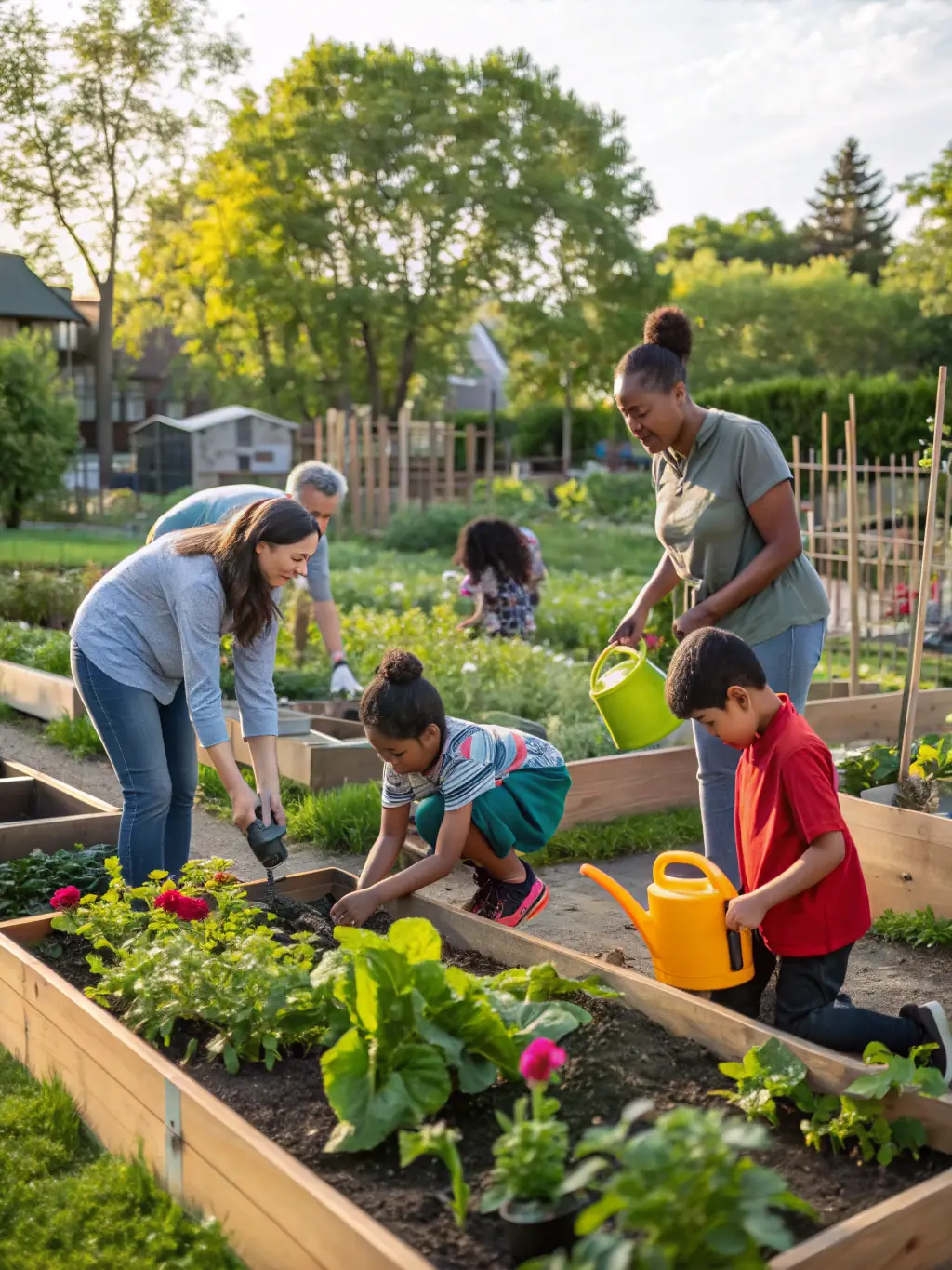 A family participating in a community gardening project, planting vegetables and flowers together, illustrating the intergenerational connections promoted by Commission Famille.