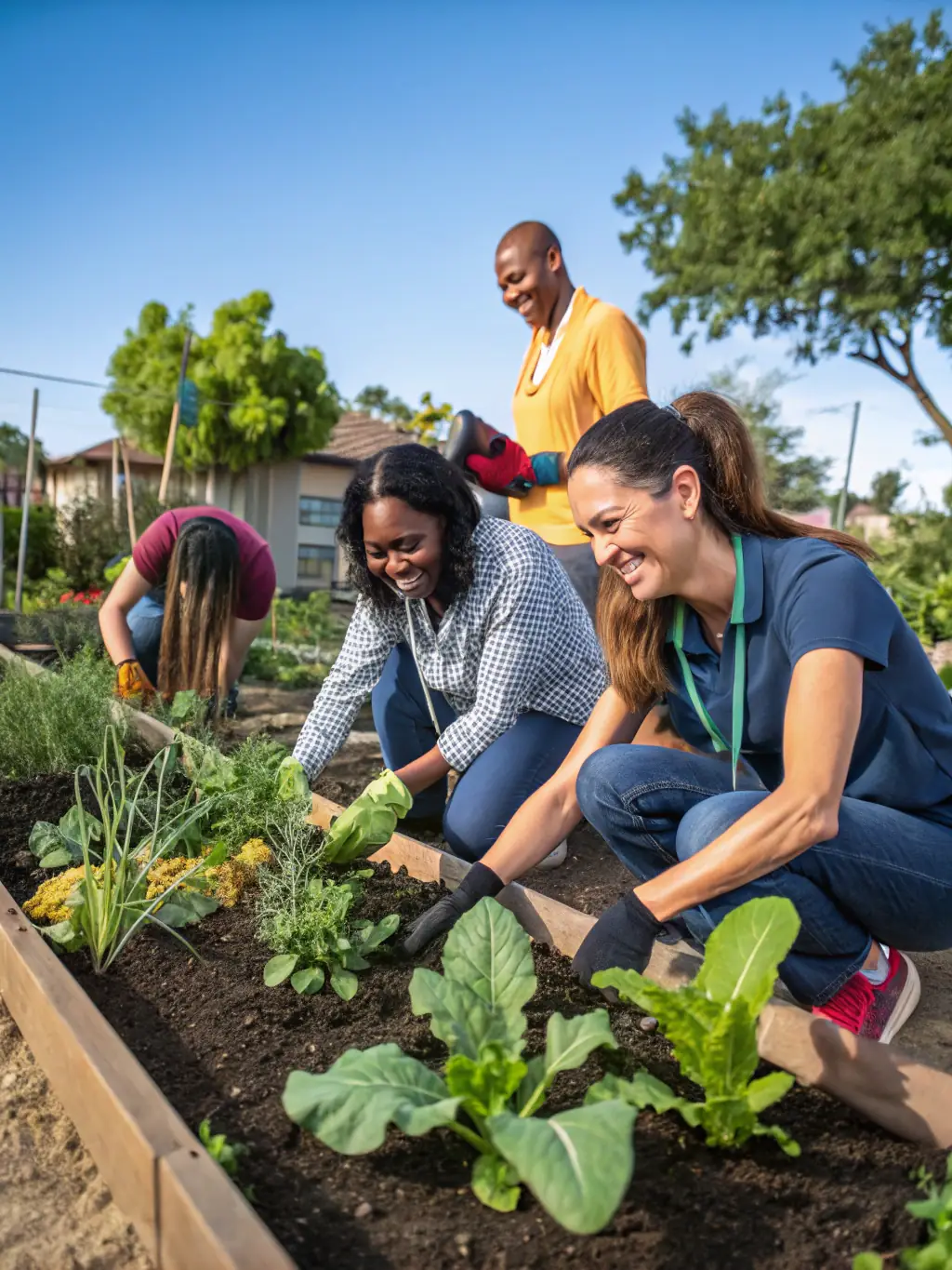 A picture of volunteers working together on a COMMISSION FAMILLE community garden project, planting vegetables and flowers.