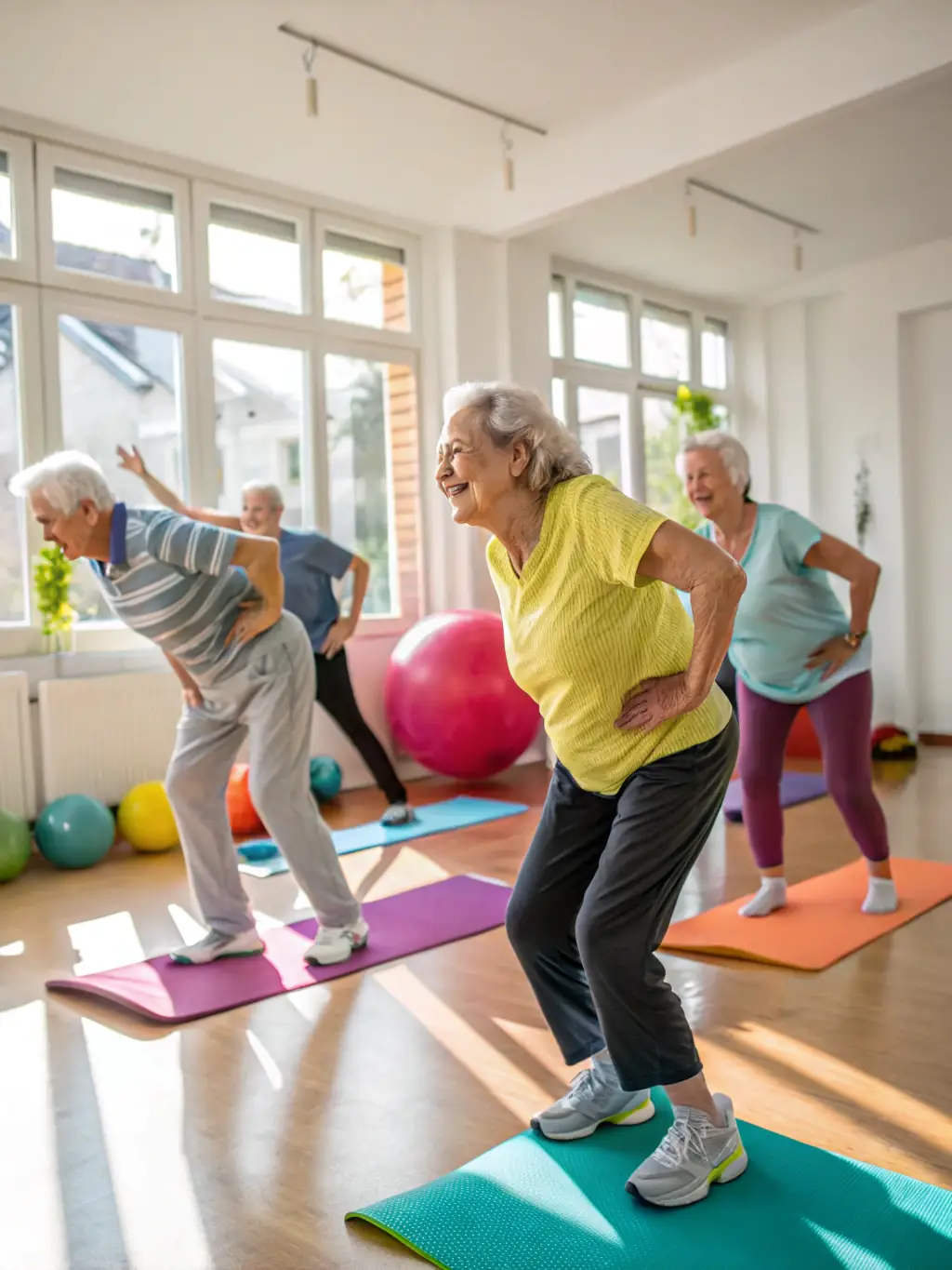 A group of seniors engaged in a fitness class, demonstrating the active lifestyle encouraged by Commission Famille's recreational programs for older adults.