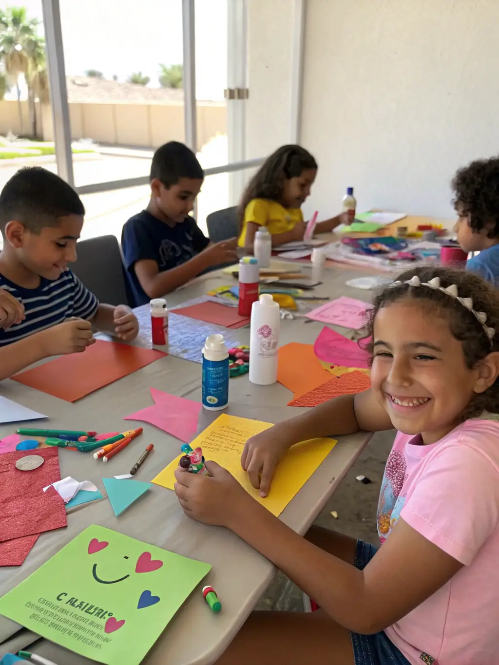 A group of children participating in an art workshop, smiling and creating colorful drawings, showcasing the creativity fostered by Commission Famille's educational programs.